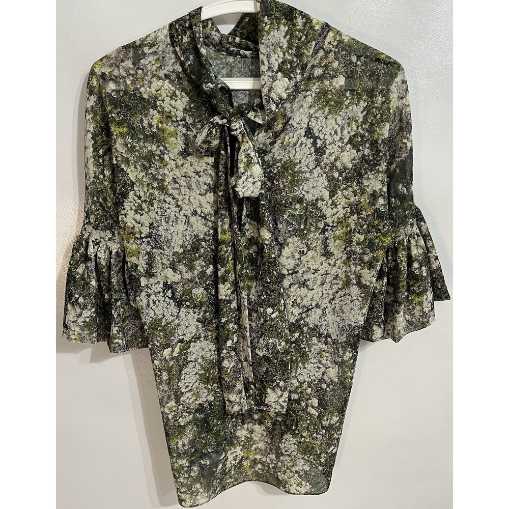 Marie Saint Pierre Size 2 M Green Tree Print Blouse Sheer Tie Back Neck Career